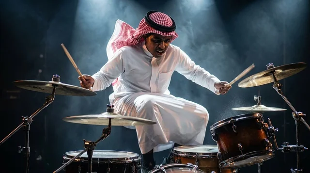 Saudi Male Drummer in Thobe Playing on Stage