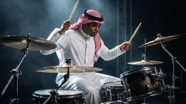 Saudi Man in Traditional Thobe Playing Drums on Stage