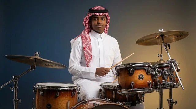 Saudi Man in Traditional Clothing Playing Drum Kit