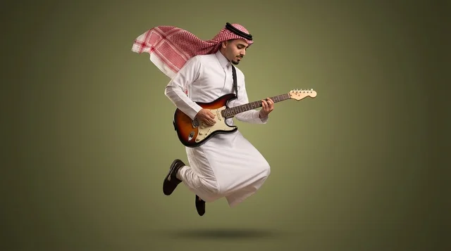 Saudi Man Playing Electric Guitar While Jumping