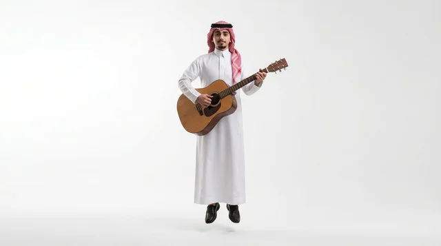 رجل سعودي يقفز أثناء العزف على الجيتار بخلفية بيضاء