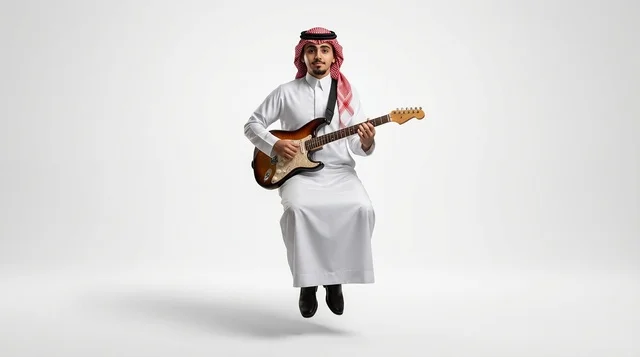 Saudi Man Playing Electric Guitar While Levitating