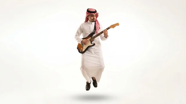 Saudi Man Playing Electric Guitar on White Background