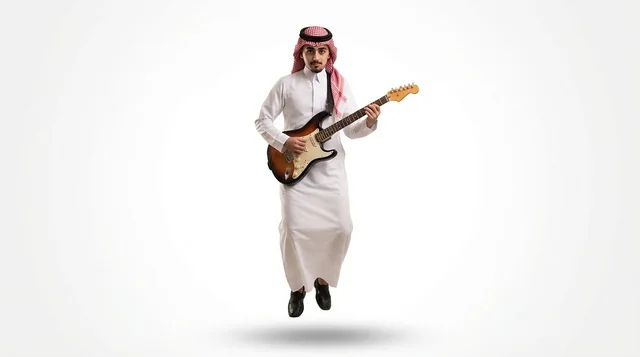 Saudi Man Playing Electric Guitar Jumping on White