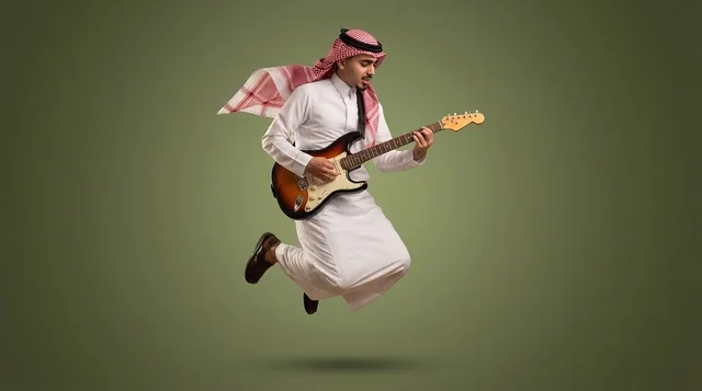 رجل سعودي بالزي التقليدي يعزف على غيتار كهربائي