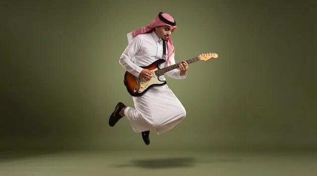 رجل سعودي يقفز ويعزف الجيتار الكهربائي في استوديو