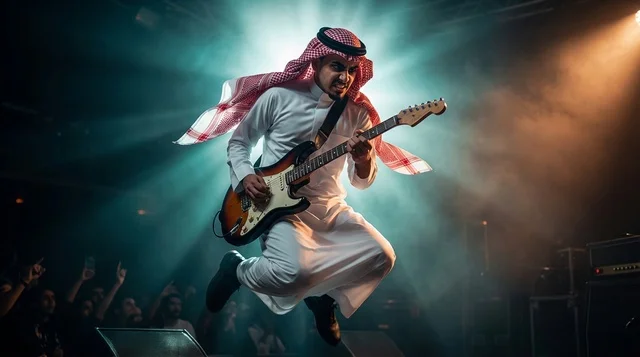 Saudi Man Jumping with Electric Guitar on Stage