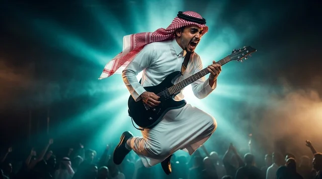 رجل سعودي يعزف الجيتار الكهربائي على المسرح