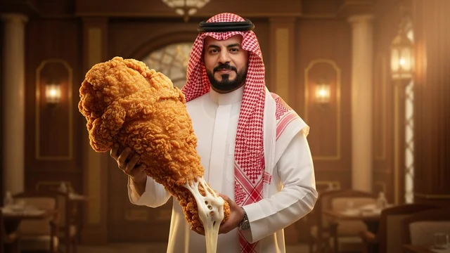 رجل سعودي يحمل دجاج مقلي ضخم في مطعم