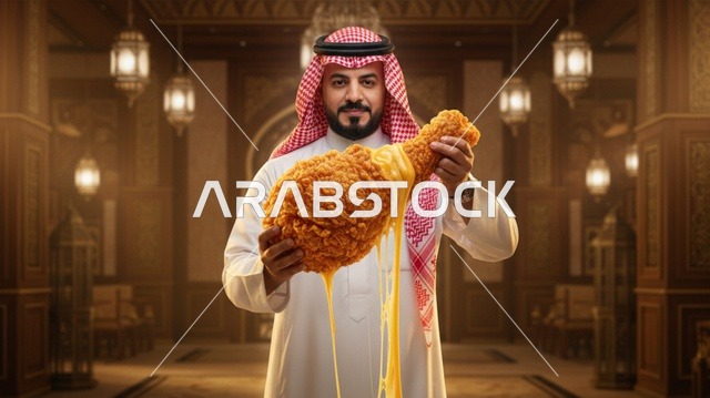 رجل سعودي مع دجاج مقلي ضخم وجبن ذائب