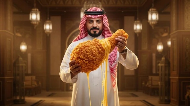 رجل سعودي مع دجاج مقلي ضخم وجبن ذائب
