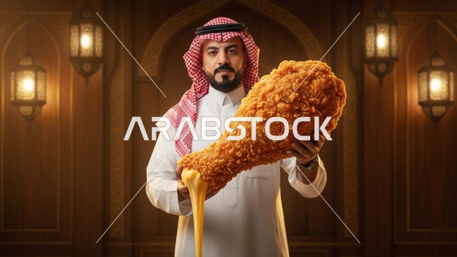 رجل سعودي يحمل دجاج مقلي ضخم بجبنة ذائبة