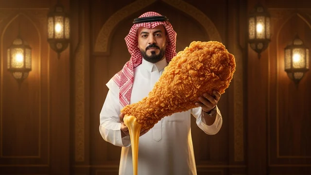 رجل سعودي يحمل دجاج مقلي ضخم بجبنة ذائبة