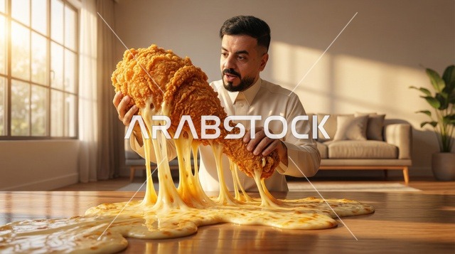 رجل عربي مع قطعة دجاج مقلية ضخمة وجبن سائل