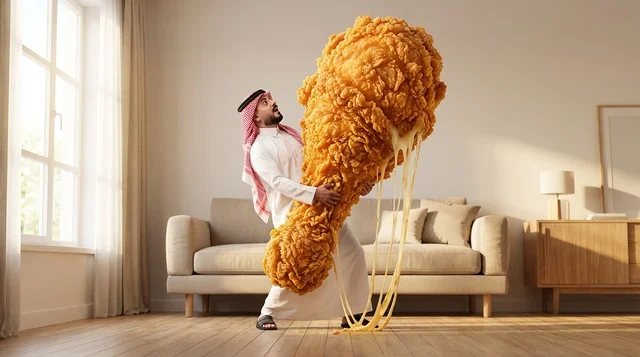 رجل سعودي يحمل قطعة دجاج مقلي ضخمة مع جبن ذائب