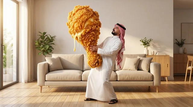 رجل سعودي يحمل قطعة دجاج مقلي عملاقة في المنزل