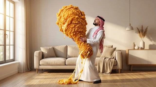 رجل سعودي يحمل قطعة دجاج مقلي ضخمة في غرفة حديثة