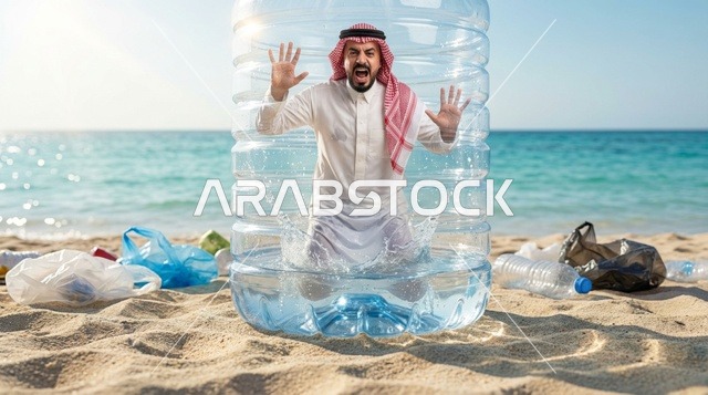 رجل سعودي محاصر في زجاجة بلاستيكية على شاطئ ملوث