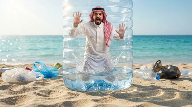 رجل سعودي محاصر في زجاجة بلاستيكية على شاطئ ملوث