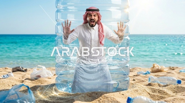 رجل سعودي داخل زجاجة بلاستيكية عملاقة على شاطئ ملوث