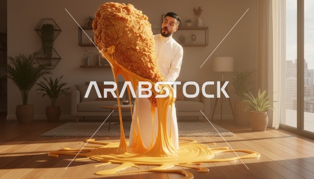 رجل سعودي مع دجاج مقلي عملاق وجبن سائل