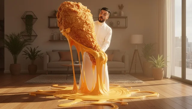 Saudi Man with Giant Fried Chicken and Melted Cheese Saudi Man with Giant Fried Chicken and Melted Cheese