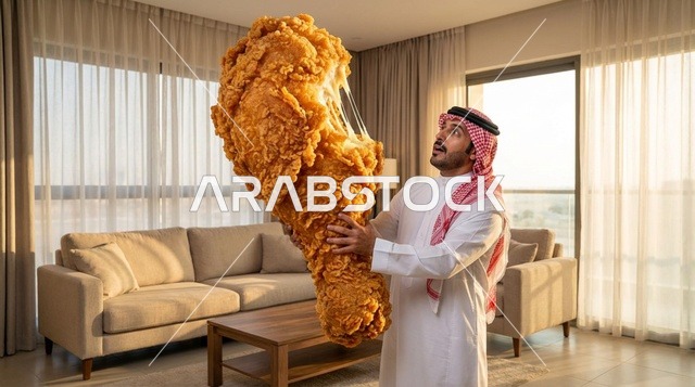 رجل سعودي يحمل قطعة دجاج مقلي ضخمة في غرفة معيشة