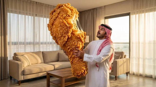 رجل سعودي يحمل قطعة دجاج مقلي ضخمة في غرفة معيشة