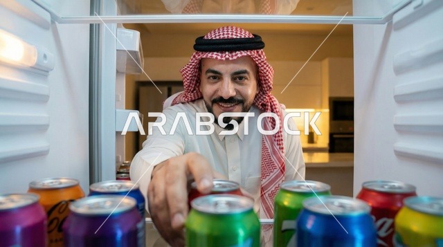 رجل سعودي يتناول مشروب غازي من داخل الثلاجة