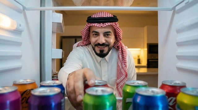 رجل سعودي يتناول مشروب غازي من داخل الثلاجة