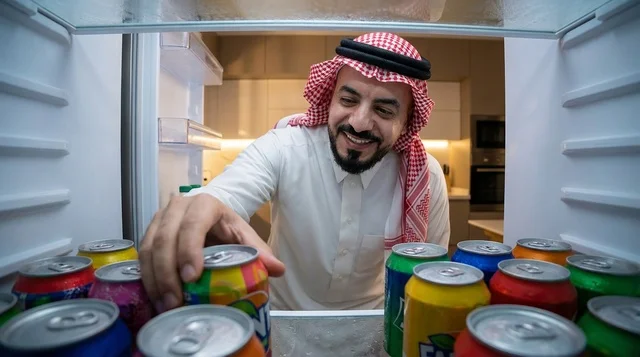 رجل سعودي بالزي التقليدي يختار مشروباً من الثلاجة