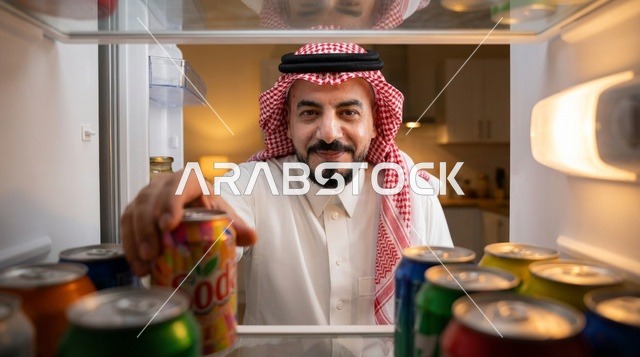 رجل سعودي يتناول مشروب غازي من داخل الثلاجة