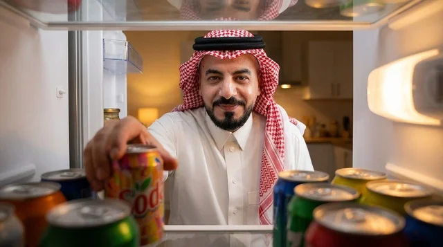 رجل سعودي يتناول مشروب غازي من داخل الثلاجة
