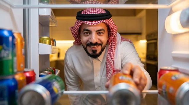 Saudi Man in Traditional Dress Taking Drink from Fridge