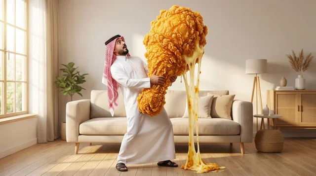 رجل سعودي يحمل قطعة دجاج مقلية عملاقة مع جبنة
