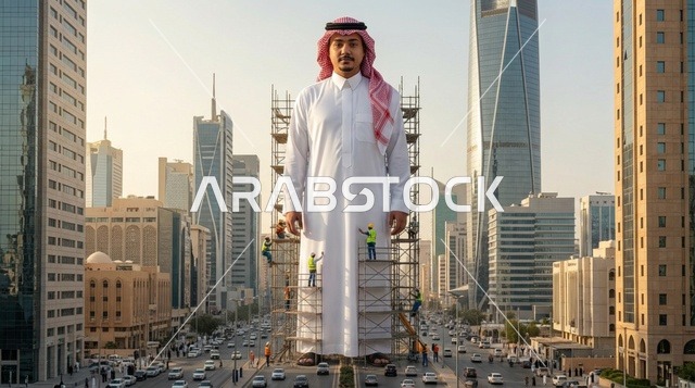 رجل سعودي عملاق بالثوب في أفق مدينة الرياض