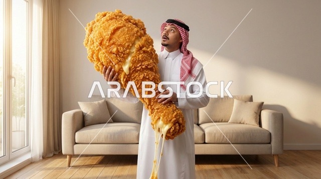 رجل سعودي يحمل قطعة دجاج مقلي عملاقة بالجبن