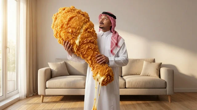 رجل سعودي يحمل قطعة دجاج مقلي عملاقة بالجبن