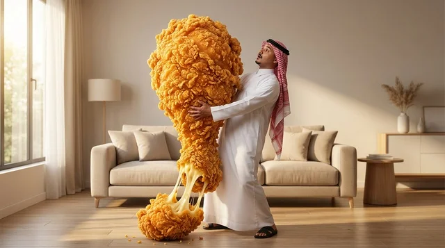 رجل سعودي يحمل قطعة دجاج مقلي عملاقة رجل سعودي يحمل قطعة دجاج مقلي عملاقة