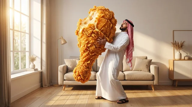 رجل سعودي يحمل قطعة دجاج مقلية عملاقة في المنزل