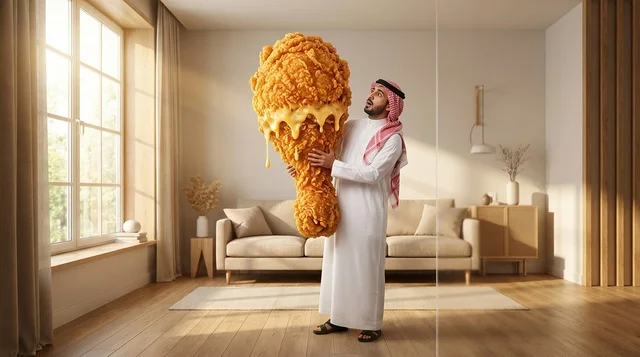 رجل سعودي يحمل قطعة دجاج مقلي عملاقة