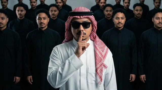 Saudi Man in Traditional Dress Making Silence Gesture