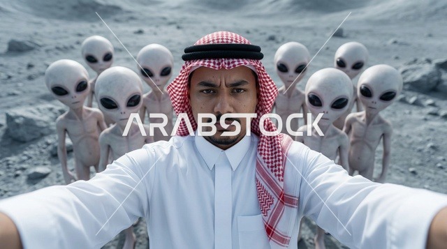 رجل سعودي مع كائنات فضائية على سطح القمر