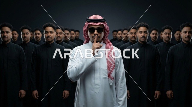 رجل سعودي بالثوب الأبيض يشير بالصمت