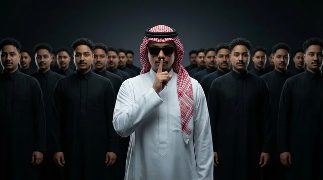 رجل سعودي بالثوب الأبيض يشير بالصمت