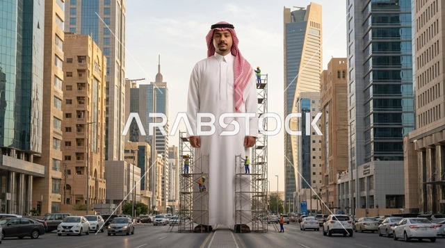 رجل سعودي عملاق في مدينة الرياض مع ناطحات السحاب