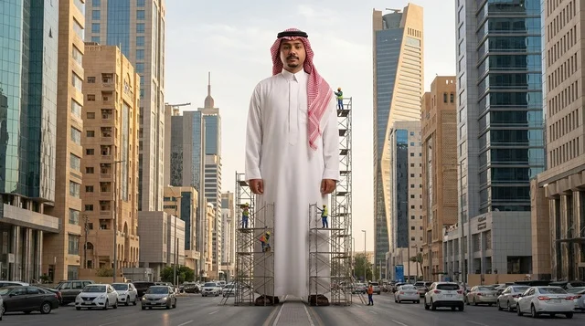 رجل سعودي عملاق في مدينة الرياض مع ناطحات السحاب