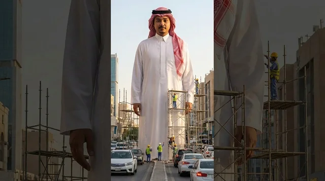 رجل سعودي عملاق بالزي التقليدي في موقع بناء حضري