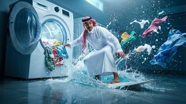 رجل سعودي يتزلج في غرفة غسيل غارقة