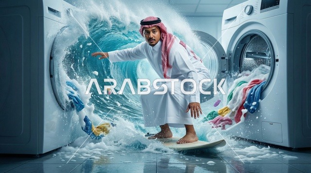 رجل عربي يركب الأمواج داخل غرفة الغسيل